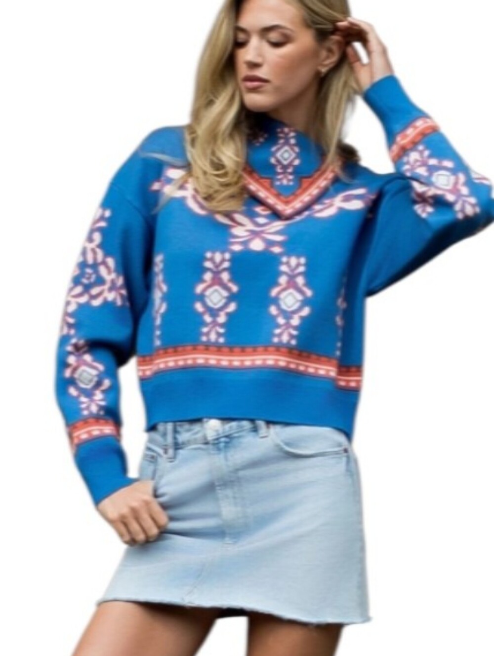 THML Scarf Neck Long Sleeve Blue Mixed-Print Sweater-NWOT